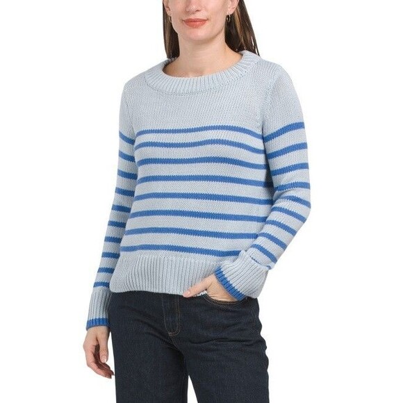 Elie Tahari womens Cotton Cashmere Pullover Sweater size Small Blue Stripe $295 - Picture 1 of 7